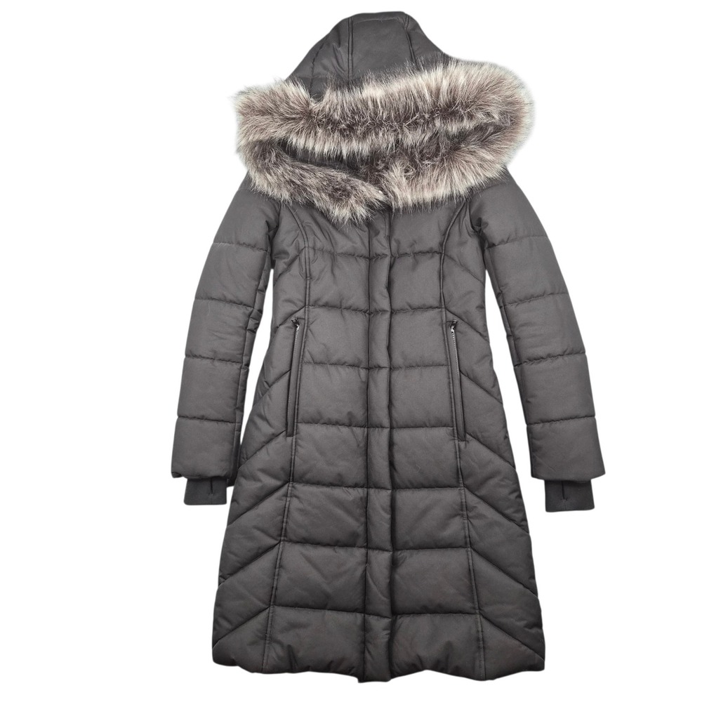 Sandova Womens Black Quilted Puffer Coat Faux Silver Fox Fur Hood XS Longline